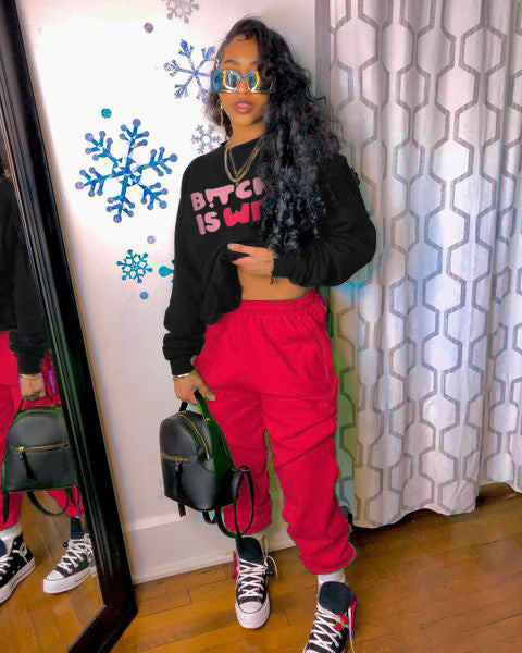 Casual sweatshirt and jogger pants set for women with a catchy statement Chic and Style