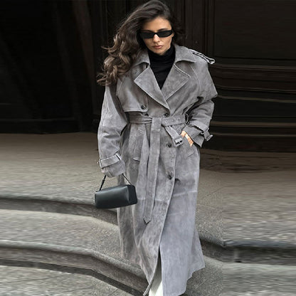 Dames Élégant Trench-coat en Daim avec large col et poches pratiques Chic und Stil