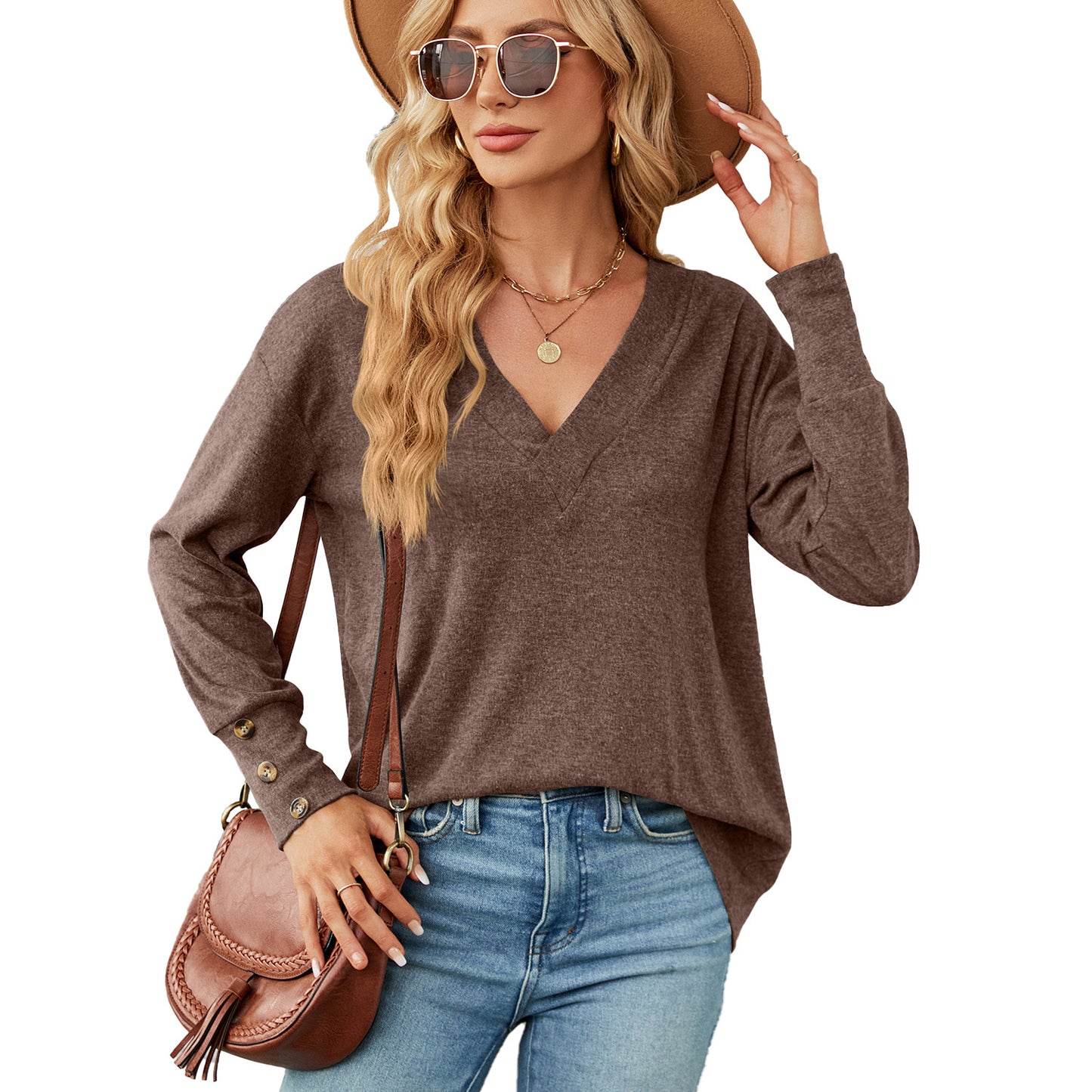 Dames oversized V-encolure pull avec des détails de bouton à la mode Chic und Stil