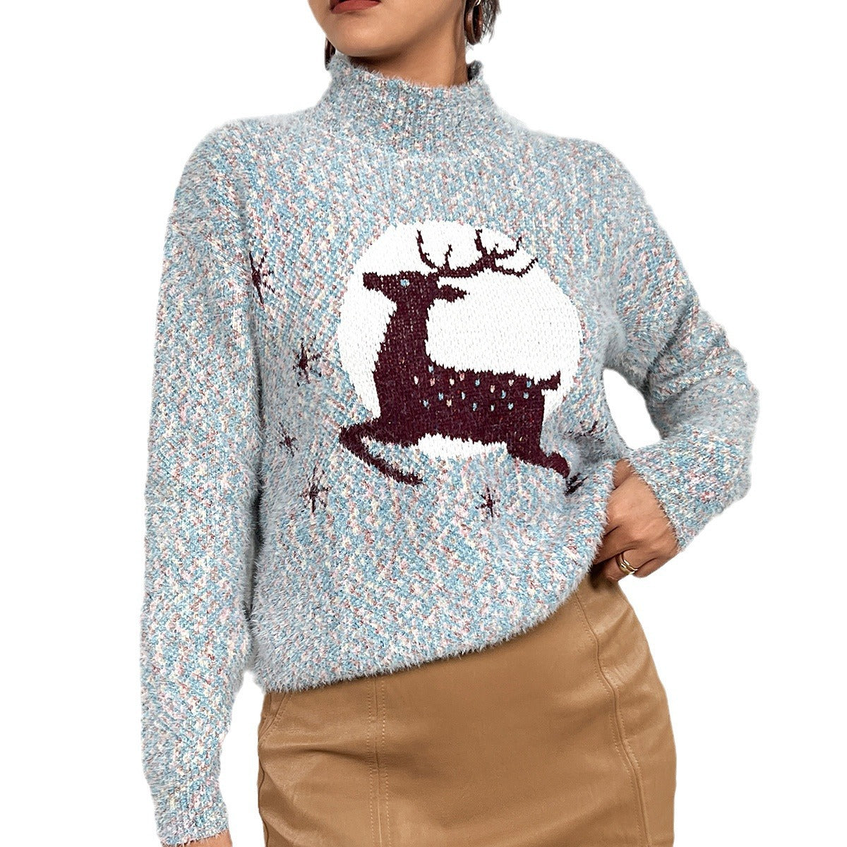 Pull en tricot pour femmes avec motif de renne festif et col montant Chic und Stil