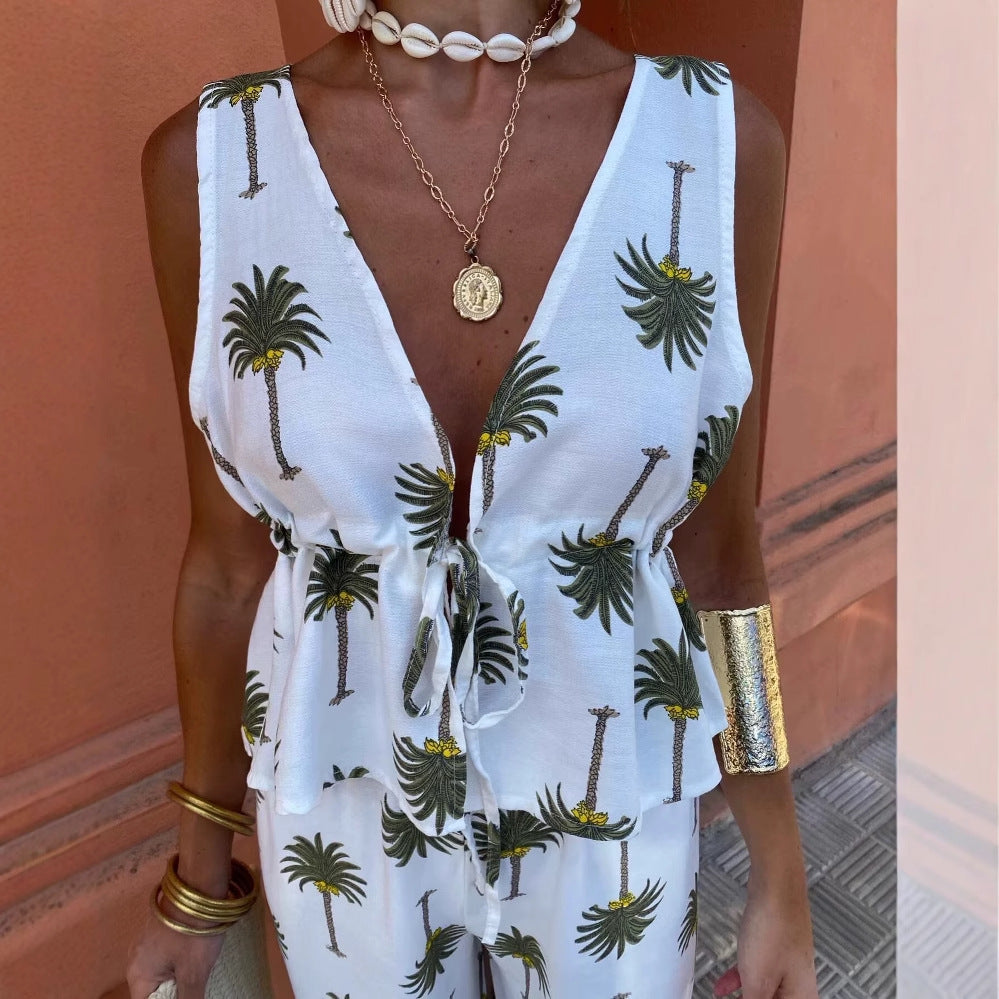 Chic and Style Women's Palazzo Pants with Palm Floral Print and Lace-Up Details on the Sides