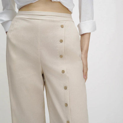 Linen wide-leg pants for women with button details and elegant slit Chic and Style