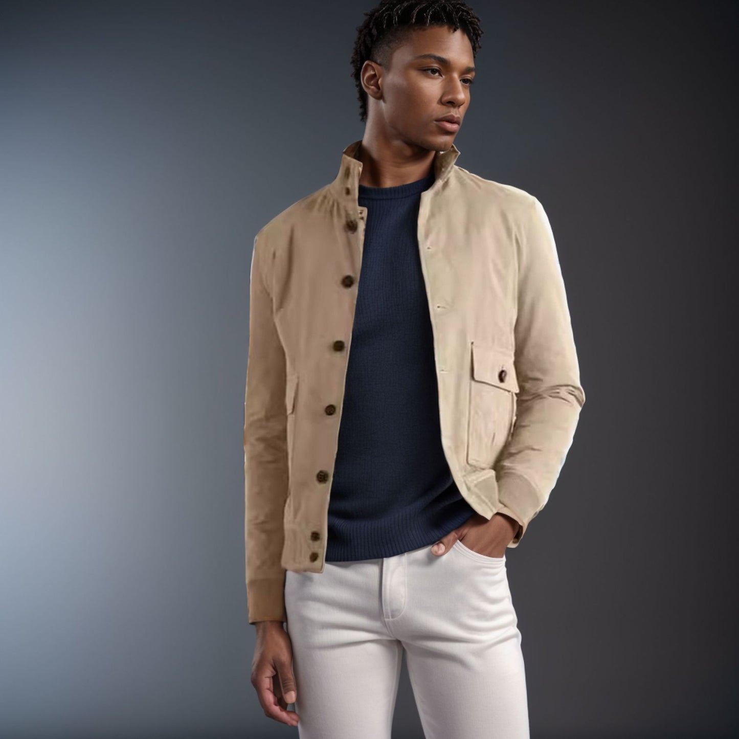 Functional utility jacket for men with high collar and flap pockets Chic and Style