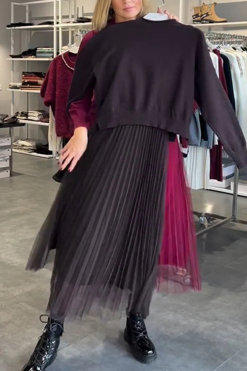 Dames Ensemble élégant jupe plissée et pull Chic und Stil