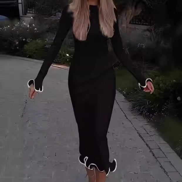 Dames Élégant Robe Midi à Manches Longues avec Ourlet Ludique Chic und Stil