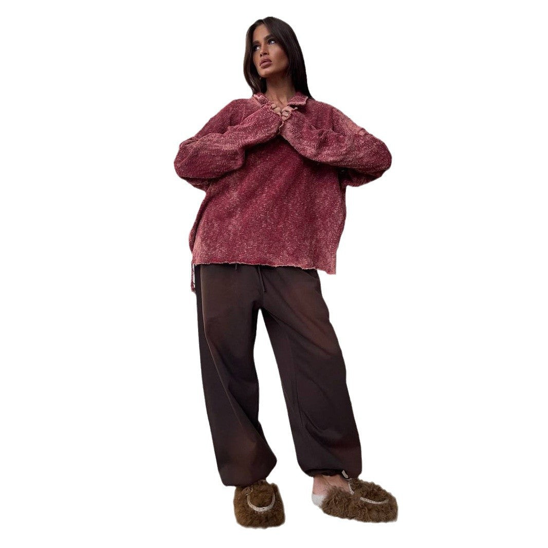Pull oversized décontracté pour femmes avec ourlet à volants et décolleté en V Chic und Stil