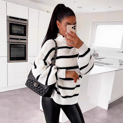 Pull oversized à rayures pour femmes avec un col roulé tendance Chic und Stil