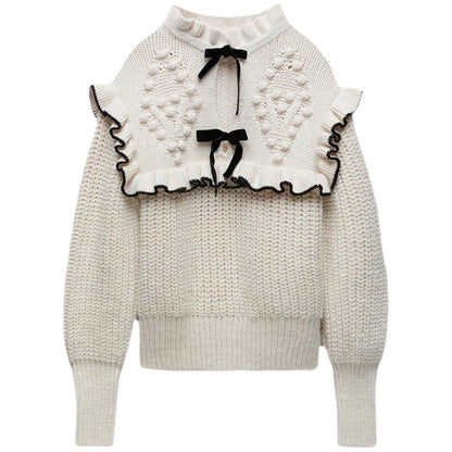 Pull en tricot femme avec col à volants et nœuds décoratifs Chic und Stil