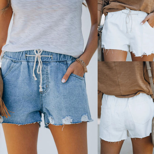 Women's Denim Shorts with Elastic Waist and Frayed Details Chic und Stil