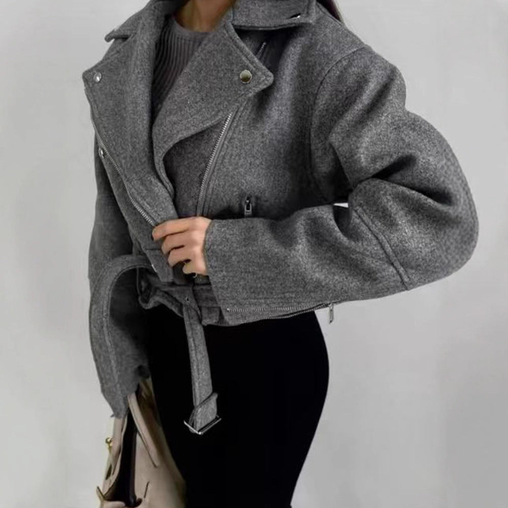 Dames élégante veste en cuir cropped avec fermeture éclair asymétrique et ceinture Chic und Stil