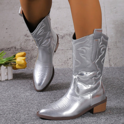 Bottes de cowboy pour femmes avec un design de broderie artistique et une brillance à la mode Chic und Stil