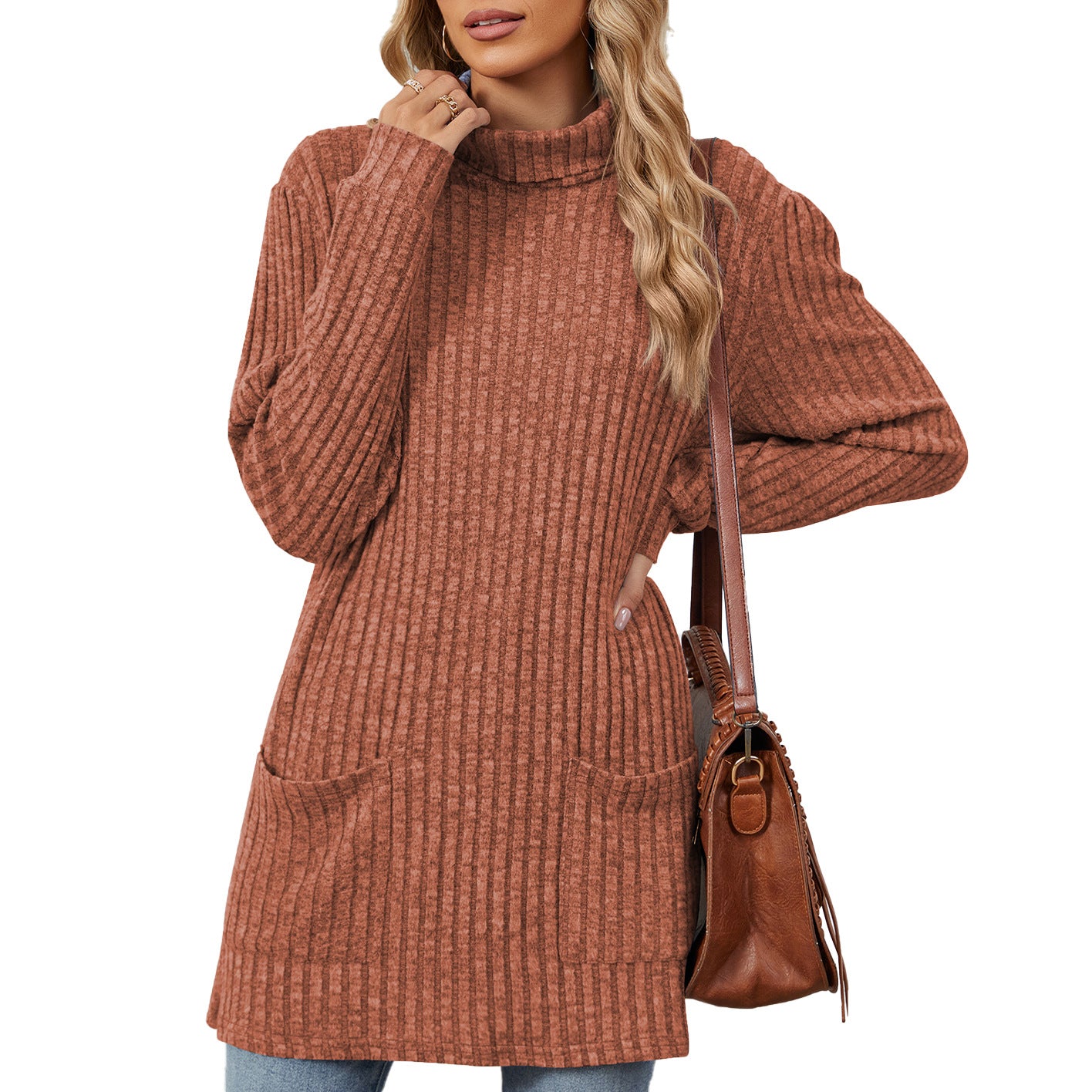 Pull en tricot surdimensionné pour femmes avec col montant et poches pratiques Chic und Stil