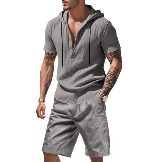Homme Haut de loisirs à manches longues avec patte de boutonnage et shorts Chic und Stil