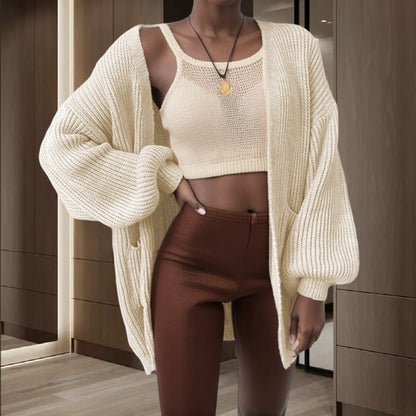 Dames Grosse Tricot Cardigan avec manches larges et poches pratiques Chic und Stil