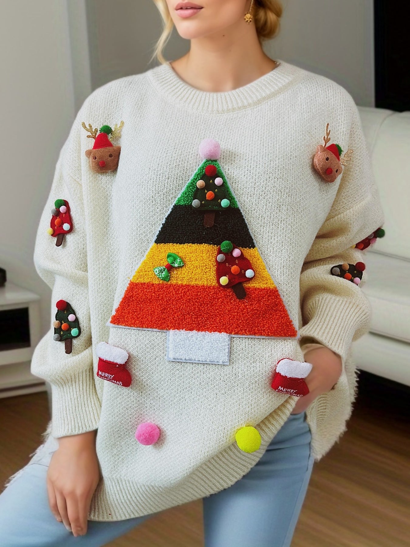 Pull de Noël pour femmes avec un design de sapin de Noël joyeux et des applications 3D Chic und Stil