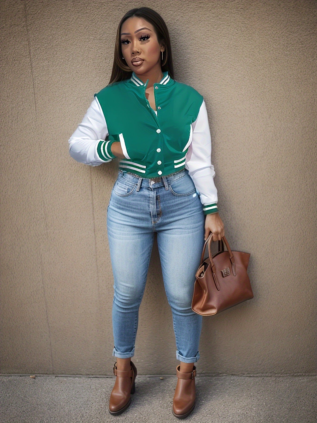 Women's college jacket with contrasting sleeves and a structured collar Chic and Style