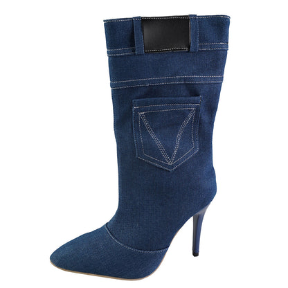 Bottes au-dessus du genou pour femmes en denim de haute qualité avec un talon élégant Chic und Stil