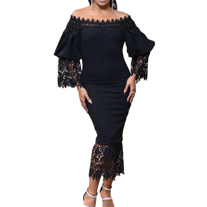 Robe off-shoulder pour femmes avec manches en dentelle et ourlet asymétrique Chic und Stil