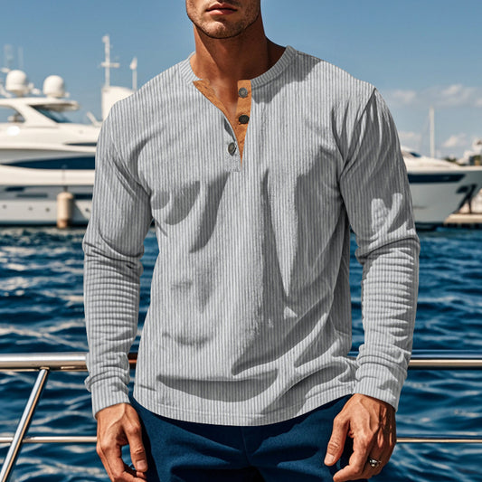 Homme T-shirt Henley à manches longues en tissu côtelé léger avec patte de boutonnage Chic und Stil