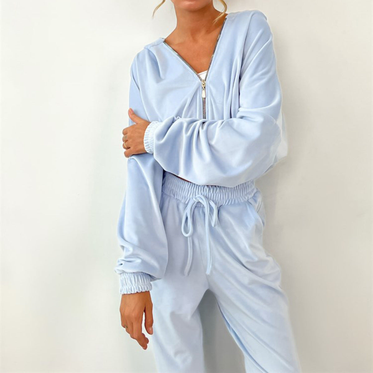 Dames Ensemble de jogging en velours sportif avec fermeture éclair Chic und Stil