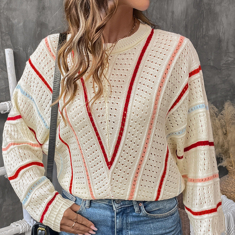 Pull en tricot décontracté pour femmes avec un motif de trous tendance et des rayures colorées Chic und Stil
