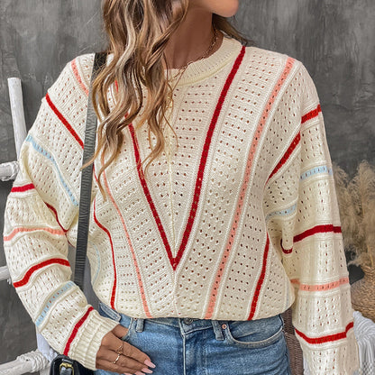 Pull en tricot décontracté pour femmes avec un motif de trous tendance et des rayures colorées Chic und Stil