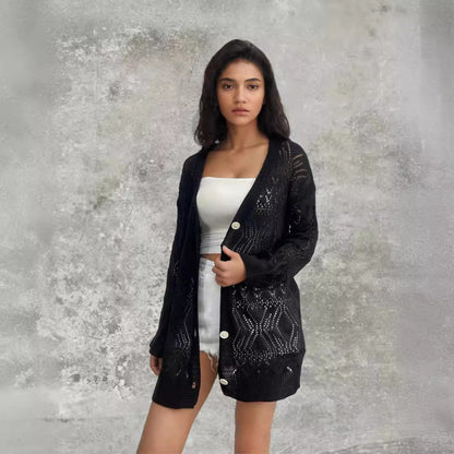 Dames Cardigan léger avec motif en crochet délicat et détails de boutons Chic und Stil