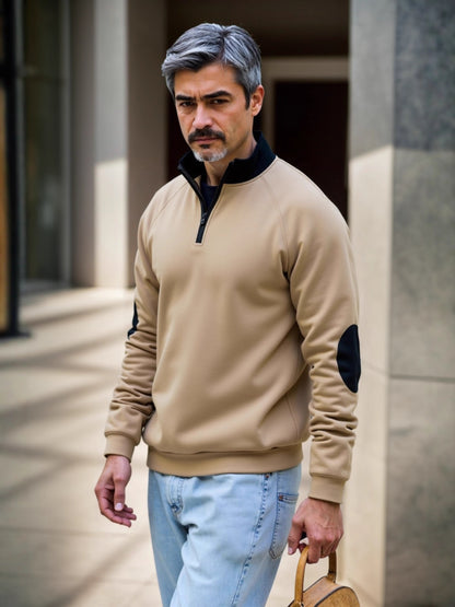 Pull en sweat-mode pour hommes avec fermeture éclair fonctionnelle et patchs contrastants aux coudes Chic und Stil