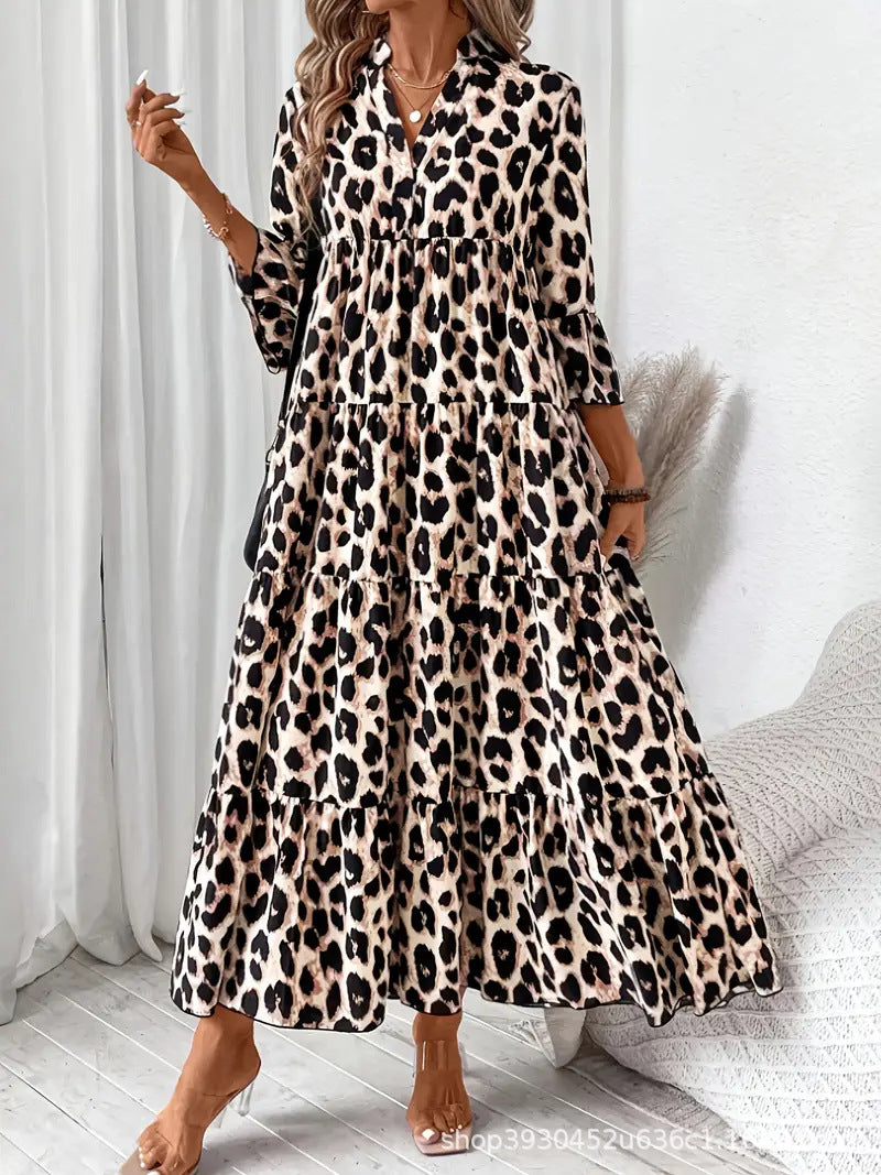 Robe maxi à motif animal pour femmes avec des manches bouffantes volumineuses Chic und Stil