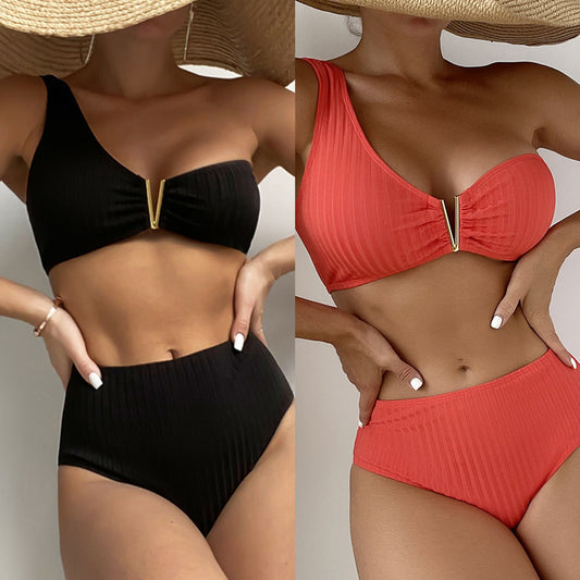 Ladies Ribbed-One-Shoulder High Waist Bikini Set Chic and Style