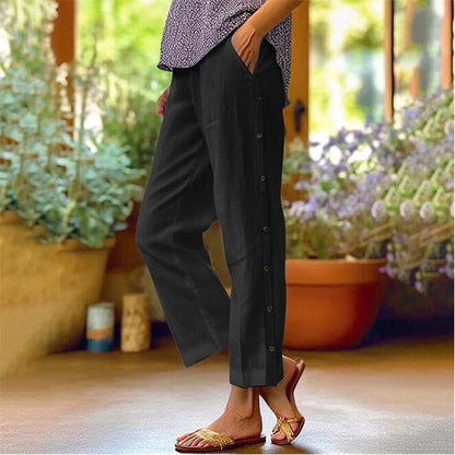 Linen pants for women with side button details and relaxed fit Chic and Style