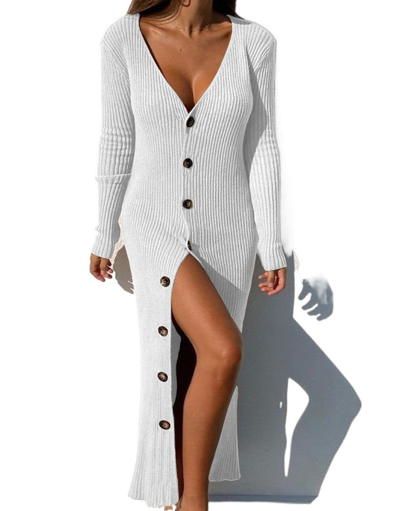 Robe à manches longues pour femmes avec patte de boutonnage continue et fente latérale Chic und Stil