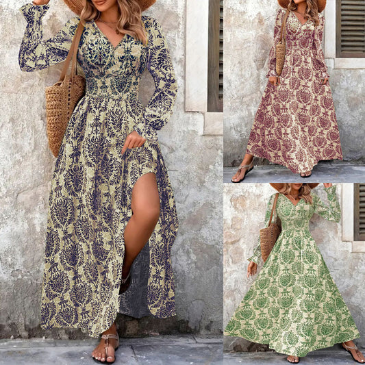 Robe maxi longue pour femmes avec motif Jacquard floral et manches volumineuses Chic und Stil