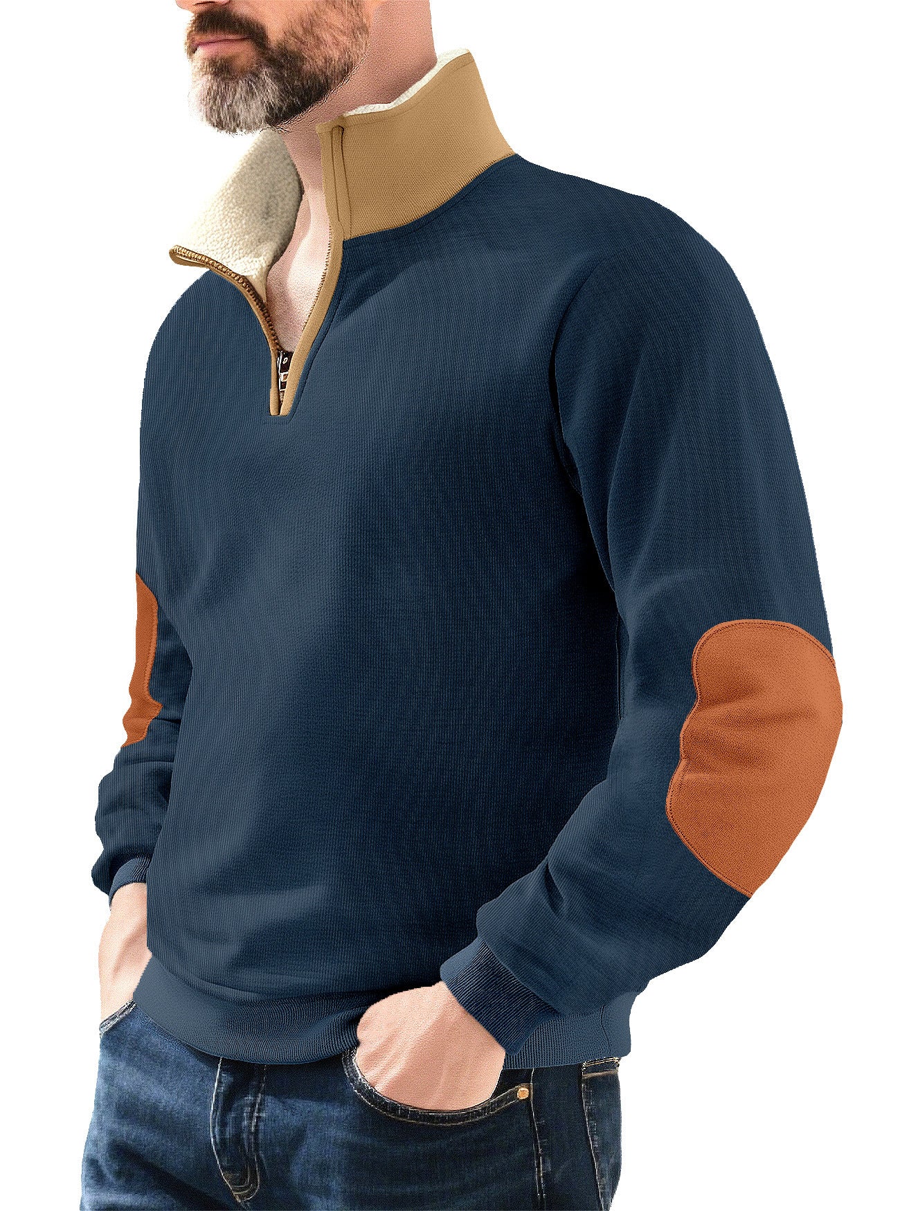 Microfleece pullover for men with half zip and contrasting elbow patches Chic und Stil