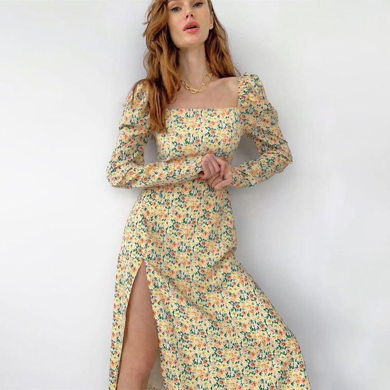 Robe maxi à fleurs pour femmes avec fente asymétrique et manches bouffantes Chic und Stil