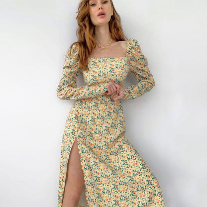 Robe maxi à fleurs pour femmes avec fente asymétrique et manches bouffantes Chic und Stil