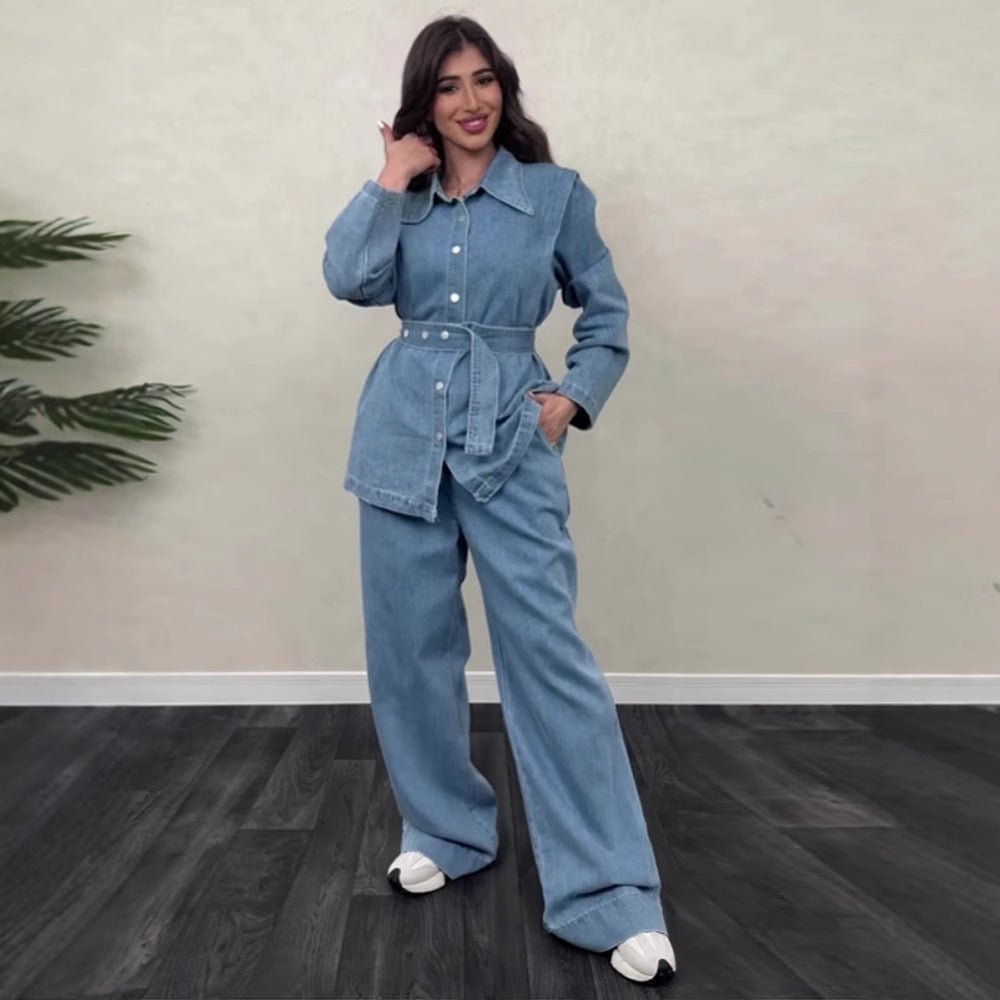 Combinaison en denim pour femmes avec ceinture élégante et jambes larges Chic und Stil