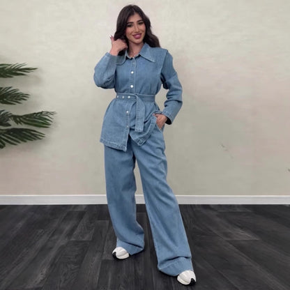 Combinaison en denim pour femmes avec ceinture élégante et jambes larges Chic und Stil