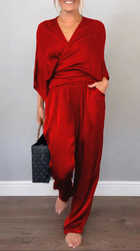 Women Elegant Wrap High-End with Loose Cut and Matching Palazzo Pants Chic and Style