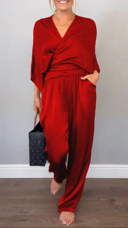 Women Elegant Wrap High-End with Loose Cut and Matching Palazzo Pants Chic and Style