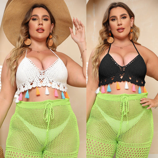 Dames Bohémien Tricot Haut à manches courtes avec franges colorées Chic und Stil