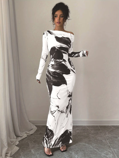 Dames Élégant Robe Maxi avec décolleté asymétrique et design floral Chic und Stil
