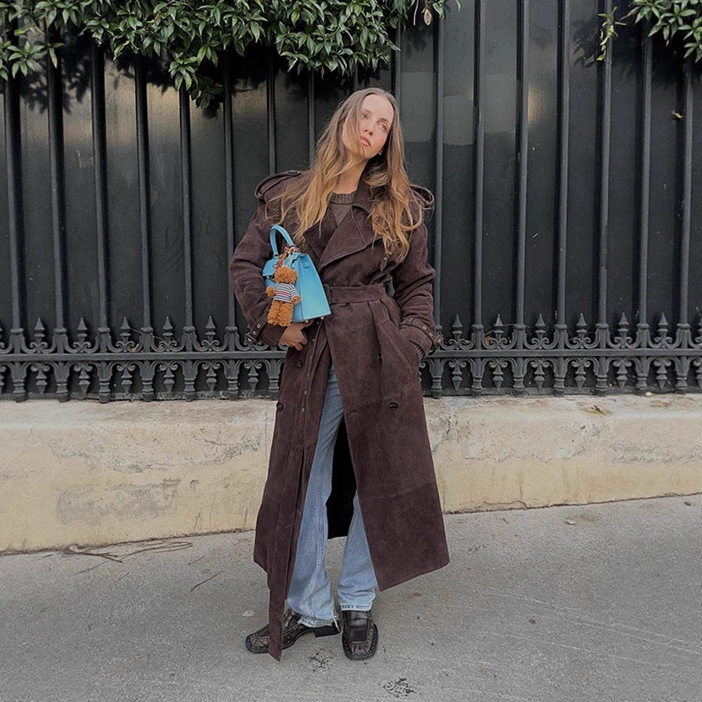 Dames Élégant Trench-coat en Daim avec large col et poches pratiques Chic und Stil