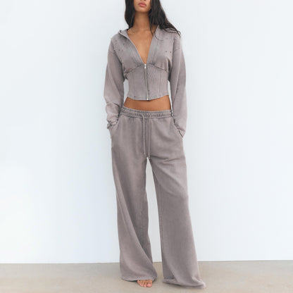 Trendy outfit for women with cropped hoodie and wide pants Chic and Style