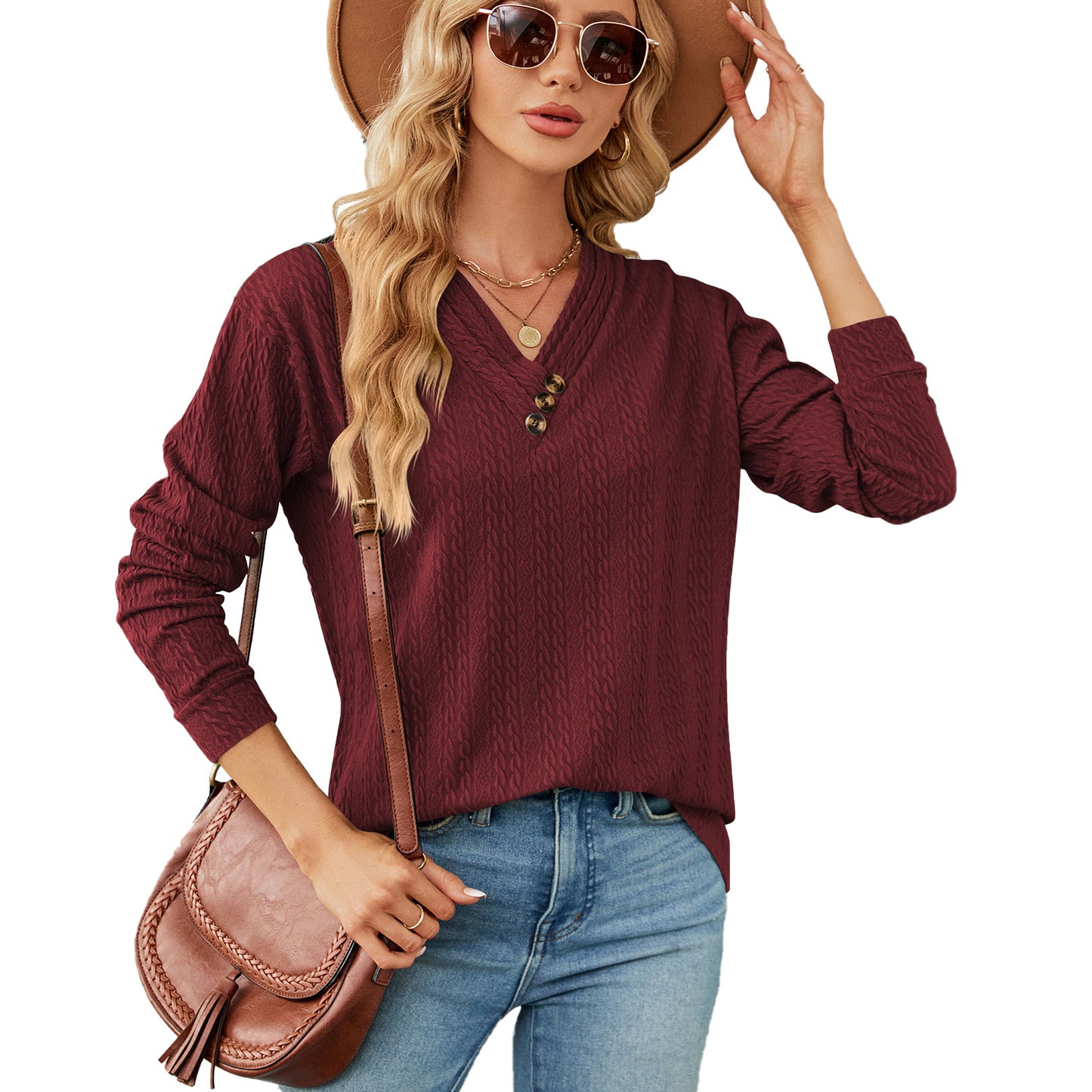 Femme haut en pull V décolleté tendance avec structure Chic und Stil