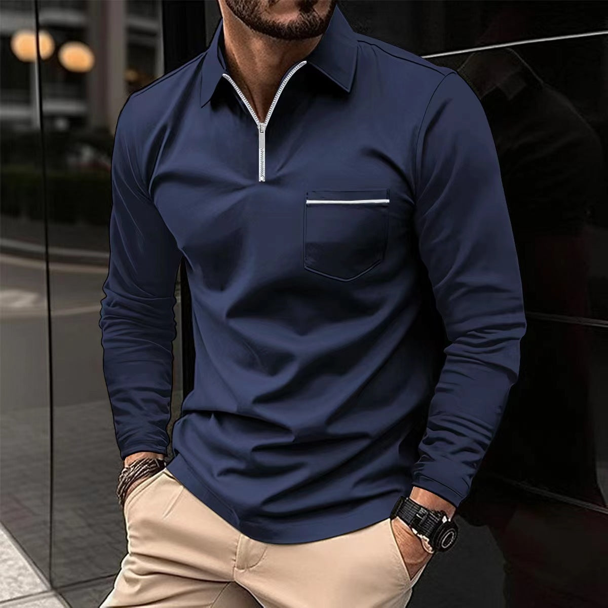 Chemise à manches longues pour hommes avec fermeture éclair et poche poitrine Chic und Stil