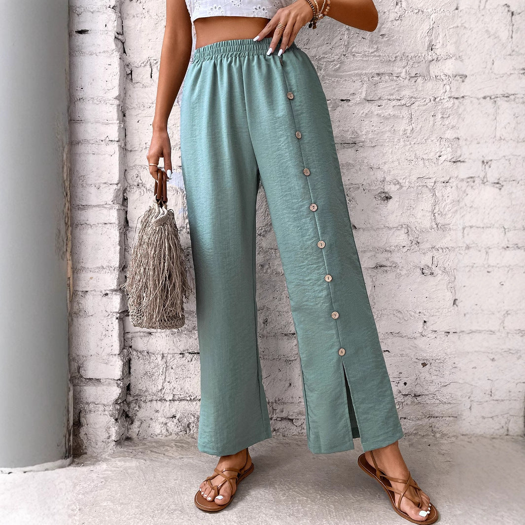 Wide palazzo pants for women with side button details and elegant slit Chic und Stil