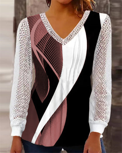Dames Haut à manches longues en V avec un motif géométrique attrayant Chic und Stil