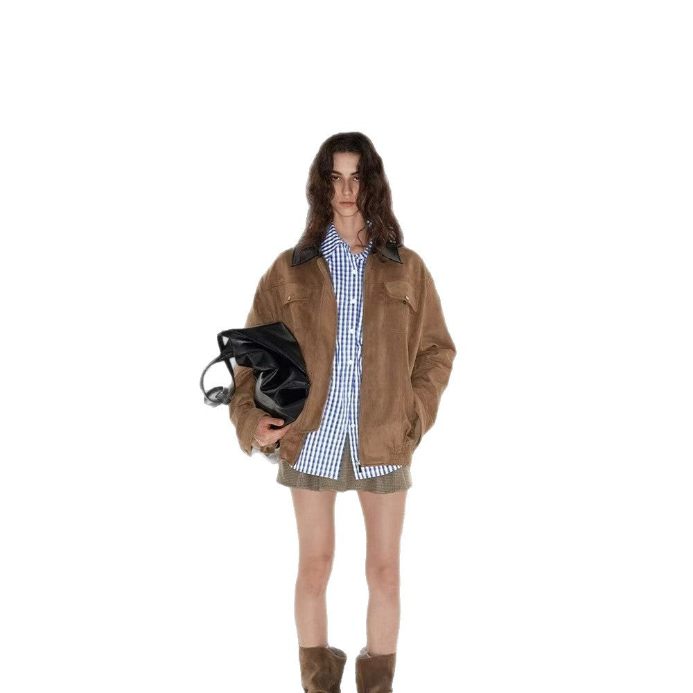 Ladies luxurious suede jacket with modern high collar Chic and Style