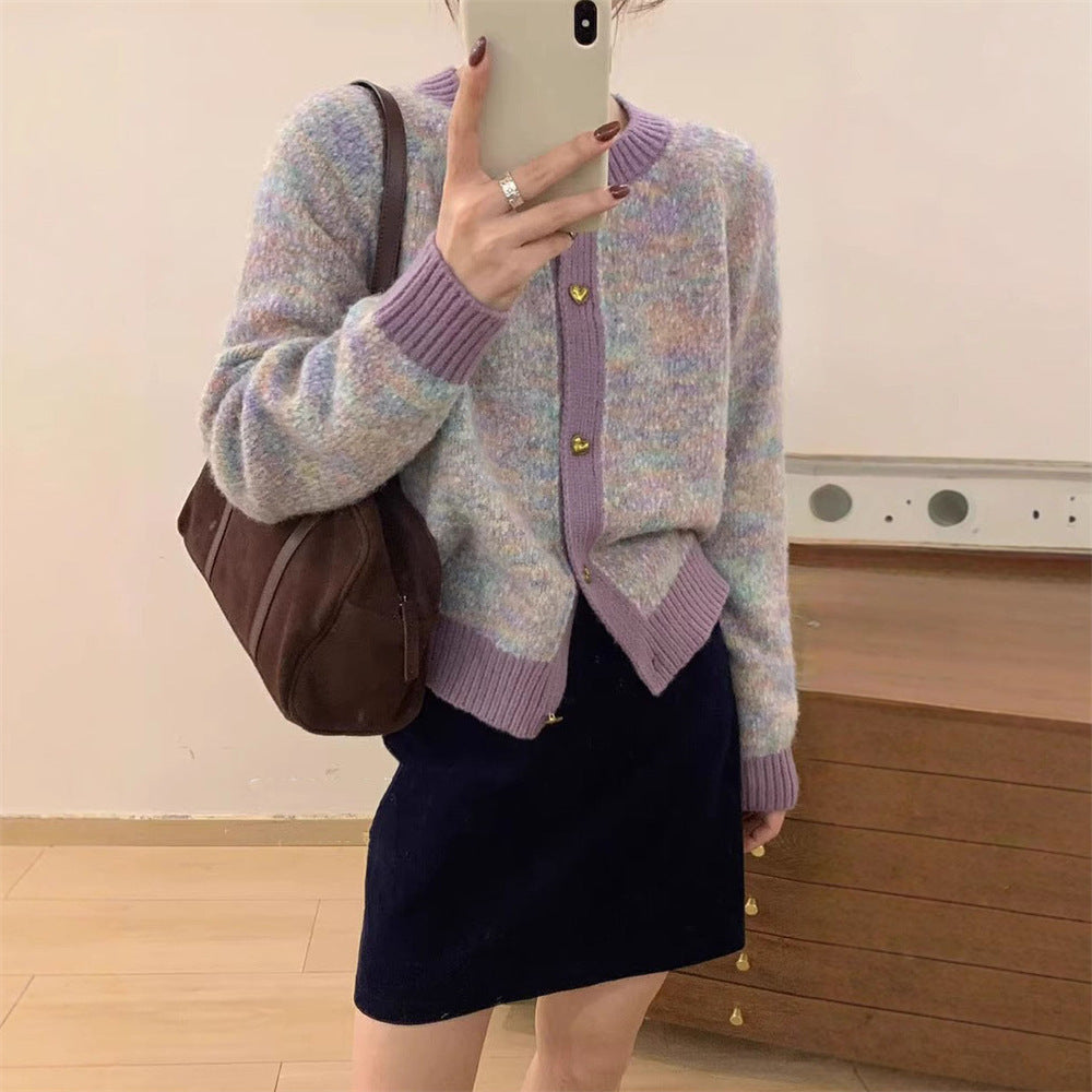 Ladies cozy knitted pullover with heart-shaped buttons and contrast ribbed details Chic and Style